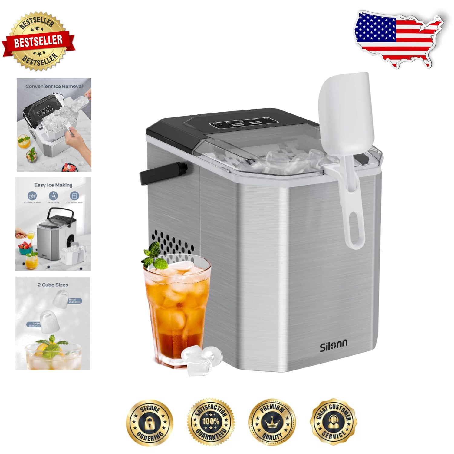 Compact Stainless Steel Ice Maker with Carry Handle and Self-Cleaning Feature