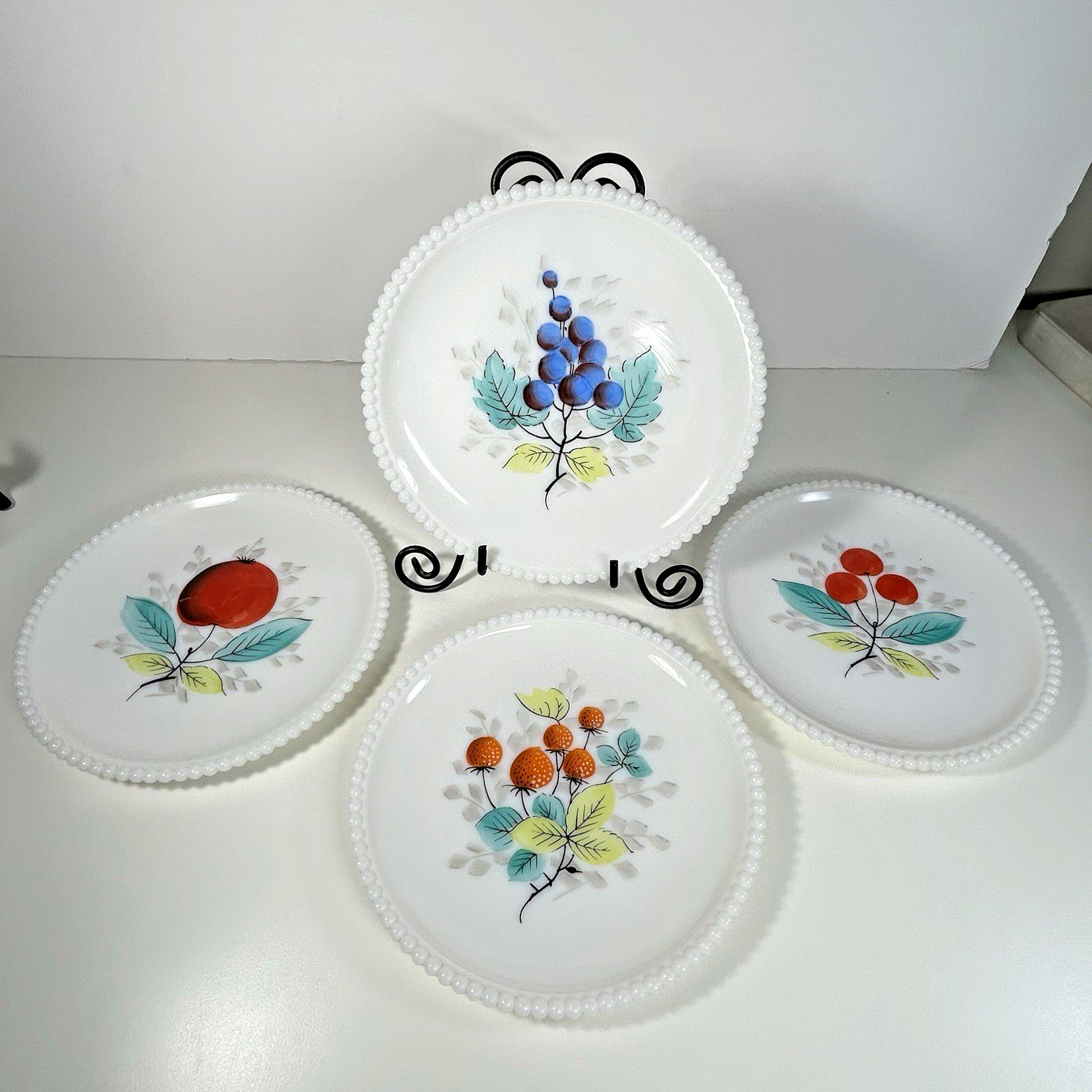 Vintage Westmoreland Milk Glass Dessert Plates Set of 4 with Painted Beaded Edge