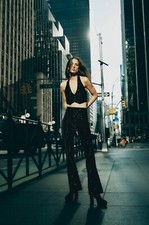 ZARA Woman BLACK SEQUINNED FLARED TROUSERS Size M Velvet Feel