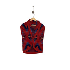 Chaps Denim Women's Shawl Collar Horn Tooth Toggle Button Aztec Vest Red Small