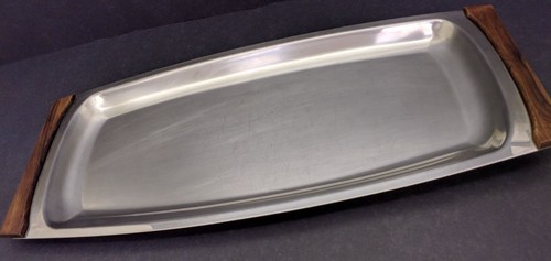 Juego de 2 bandejas para servir de acero inoxidable con asas de madera Escandinavia años 60 - Imagen 7 de 8