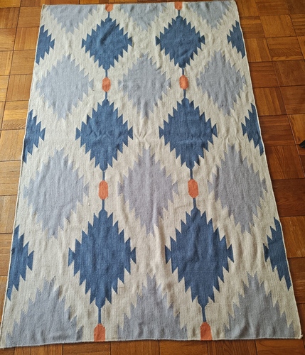 5x8 Wool Dhurrie Rug - Blue, Grey, and Orange