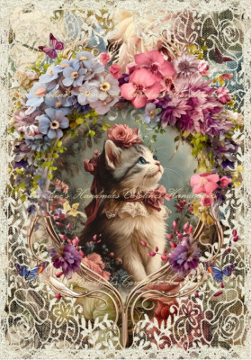 Victorian Cat Lace & Flowers Designer Cotton Fabric Quilt Block Multi-size