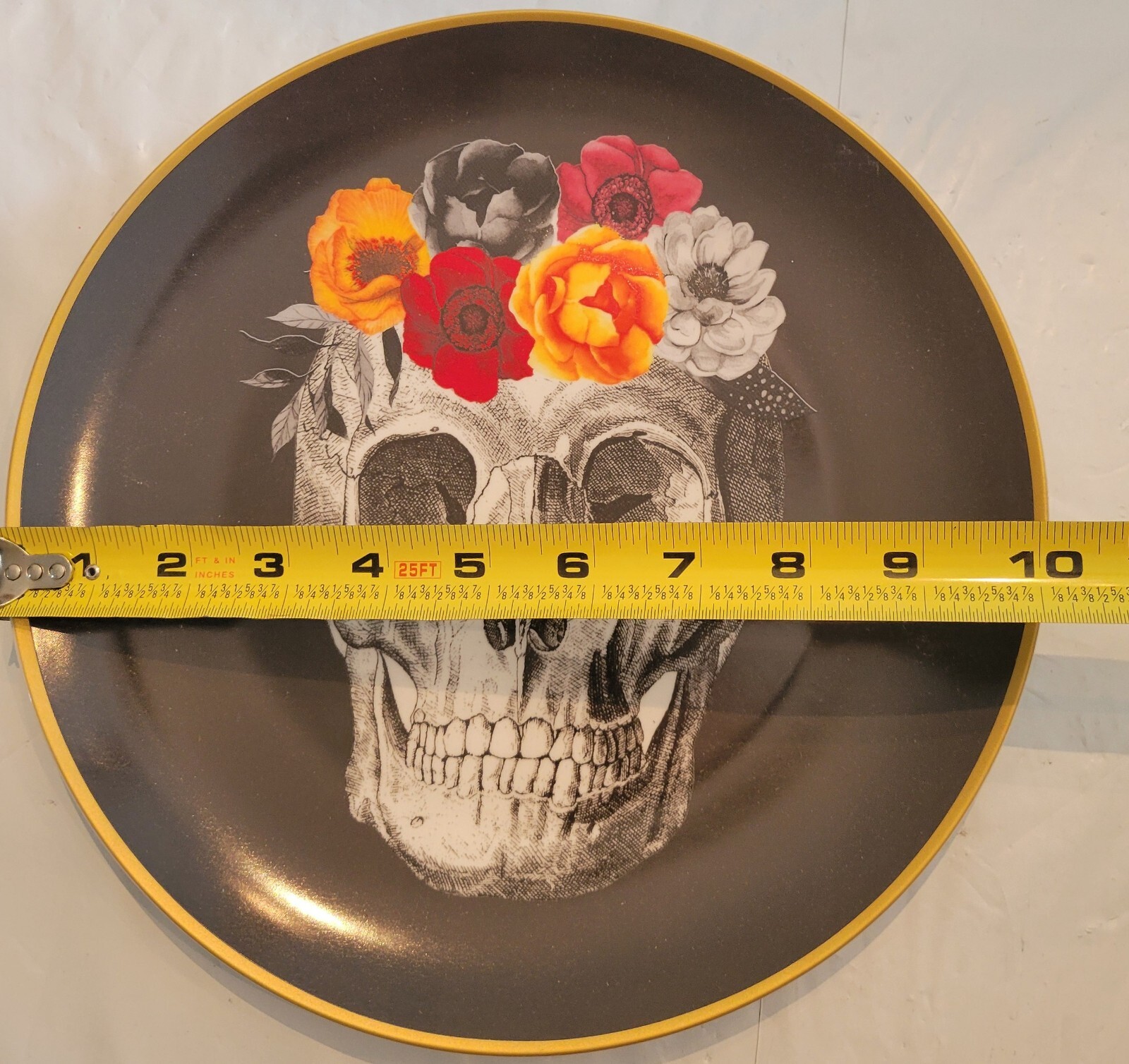 4 pk Harvest Green Studio HALLOWEEN Skull Roses Crown Dinner Plates Black NIB