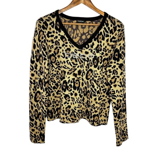 Bebe Leopard Print V-Neck Pullover Knit Sweater Women Large Rhinestone Logo