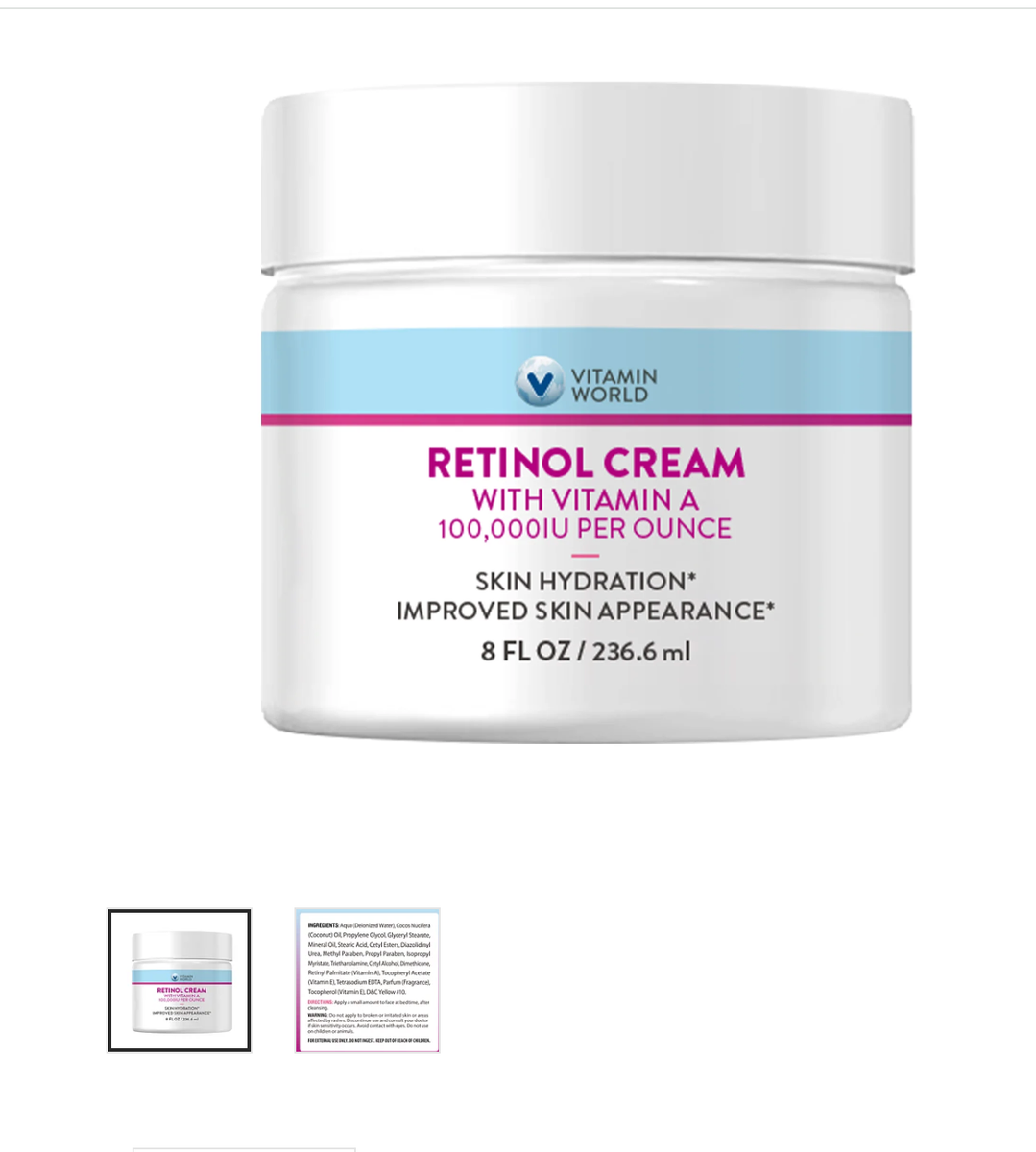 Vitamin World Retinol Cream with vitamin A skin hydration , skin app. 8fl oz Vitamin World Retinol Cream with vitamin A skin hydration , skin app. 8fl oz