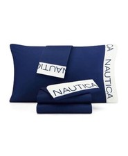 NEW NAUTICA KIDS COLORBLOCK NAVY BLUE  WHITE CUFF TWIN BED SHEET SET