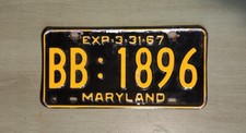 Vintage 1967 MARYLAND Boumi Temple License Plate BB : 1896