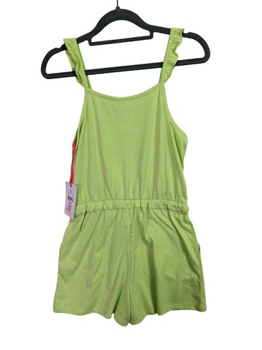 Justice Girls size L 12 14 Neon Lime Green Smiley Face Pockets Romper Jumpsuit - Picture 10 of 10
