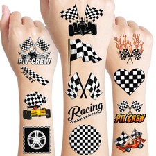 Funny Race Car Checkered Flag Pre-Cut Black and White Temporary Tattoos Sticker