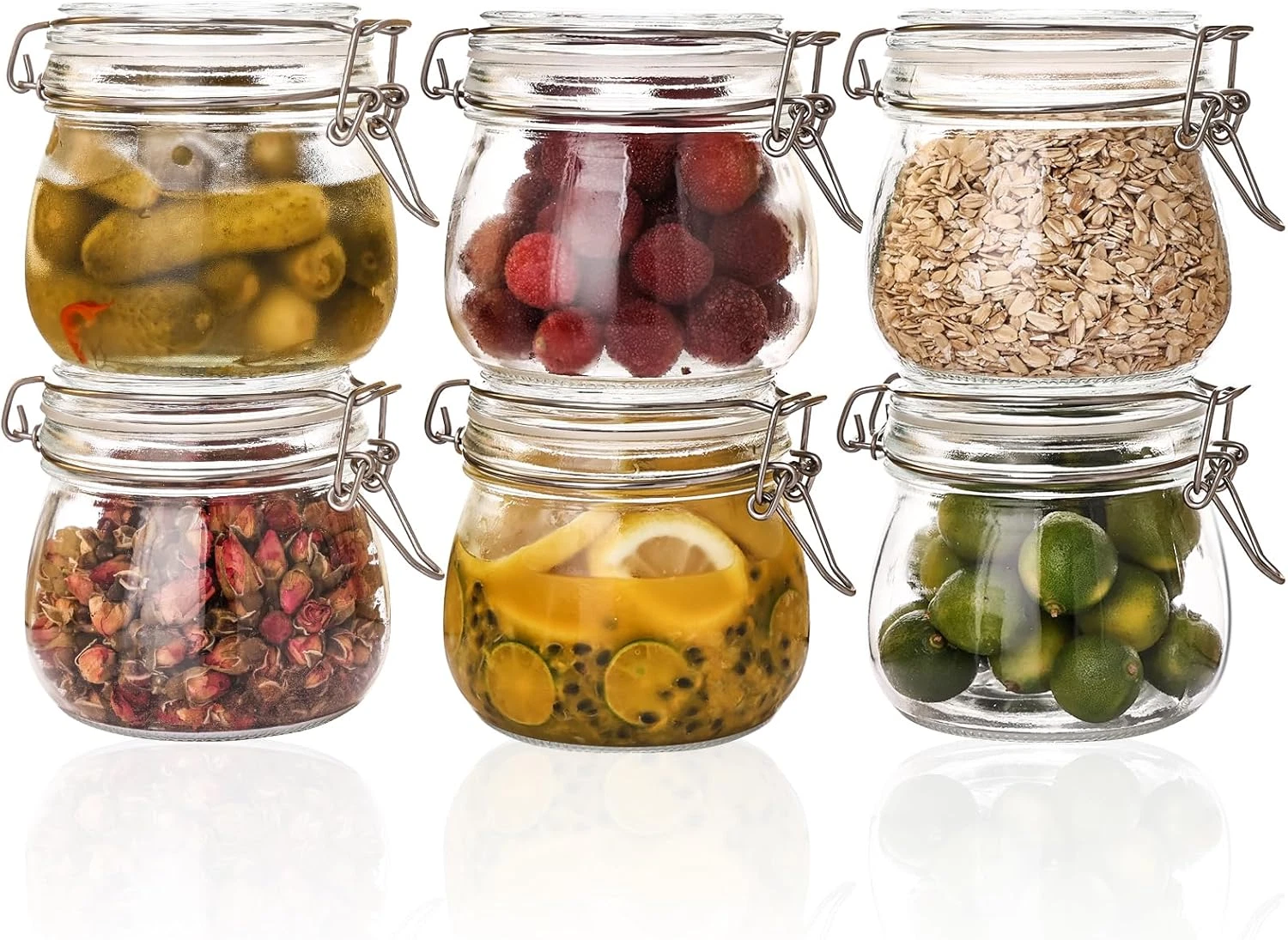 16Oz - 6 Pack round Glass Jars with Airtight Lid, Wide Mouth Mason Jars with Cla