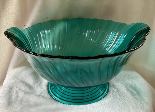 Vintage Depression Glass Jeanette Swirl Ultramarine Footed Bowl With Handles 10"