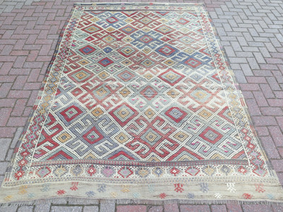 Turkish Vintage Rug, Wool Carpet, Handmade Embroidered Kelim, Large Rug 73''X106''