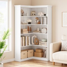 L-Shaped Corner Bookshelf 5-Tier Wooden Bookcase Modern Storage Display Shelf