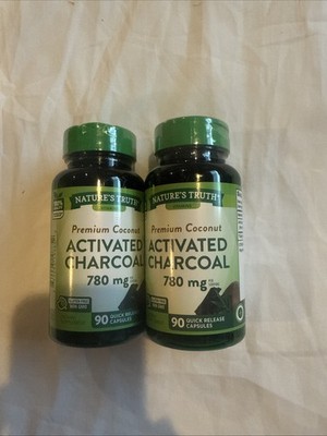 2 NATURE'S TRUTH ACTIVATED CHARCOAL 780 MG COCONUT 90 CAPSULES Each Sealed, New