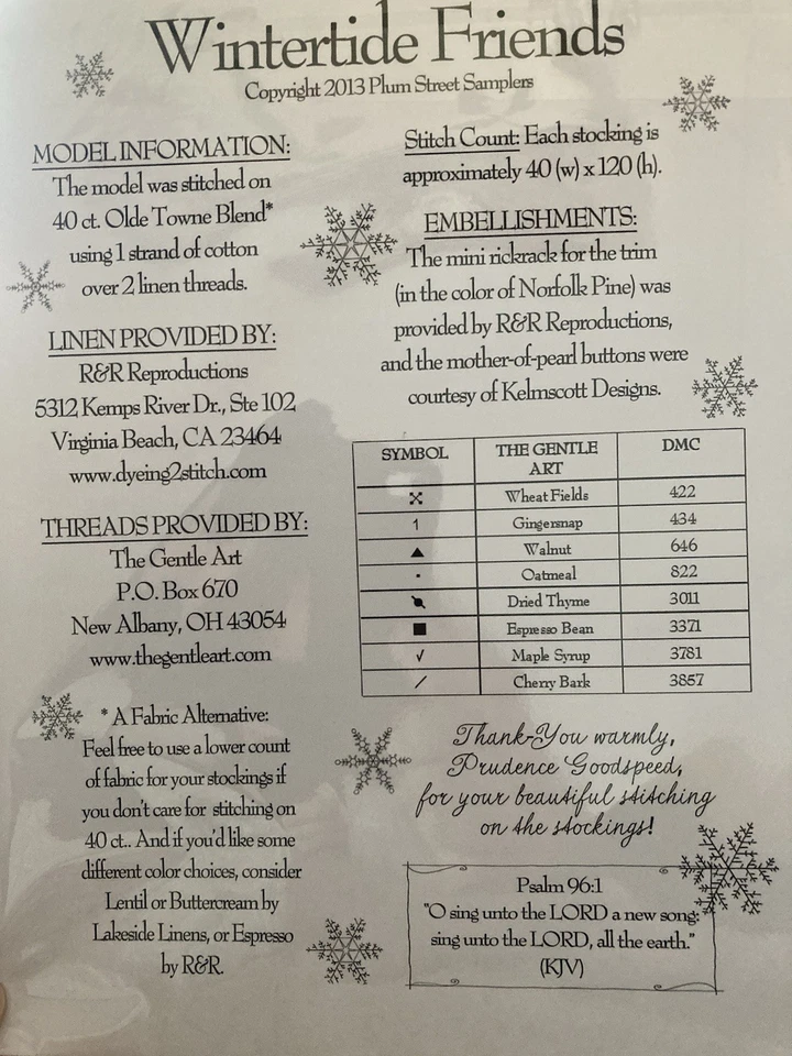 Plum Street Samplers Wintertide Friends Snowman Stockings Cross Stitch Chart NEW - Image 3 of 3