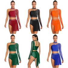 Womens Dancewear Mesh Dress Swing Outfit Dance Asymmetrical Back Latin Training