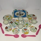 Chein Vintage Tin Tea Set Party Design Tray Plates Cups Pink Spoons Original Box