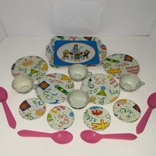 Chein Vintage Tin Tea Set Party Design Tray Plates Cups Pink Spoons Original Box