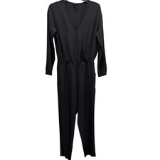 H M Black Wrap Jumpsuit Womens 8 Minimalist Long Sleeve Elastic Waist