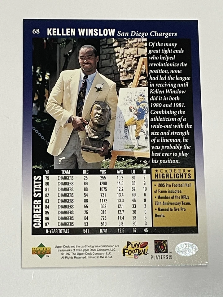 1997 Upper Deck Legends Football #68 - Kellen Winslow - San Diego Chargers - Image 2 of 2