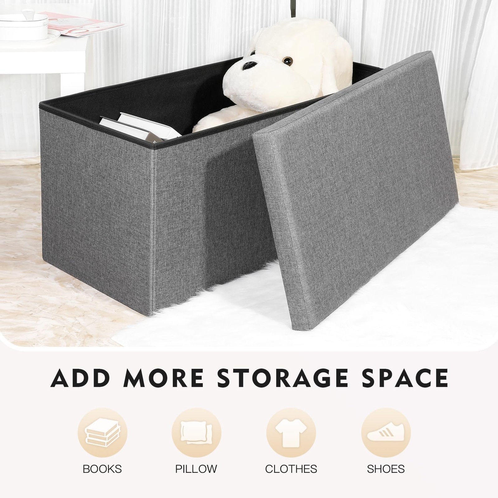 Storage Ottoman with Tray, Linen Coffee Table Folding Long Shoes Bench Footst...