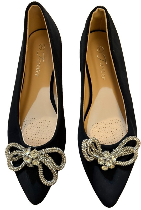 Forever Women Size 6 Black Faux Suede Cushion Rhinestones Bow Shoes Flats 