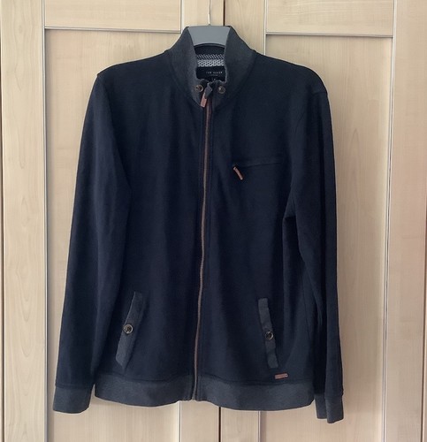 TED BAKER Sz 5 Navy Blue Jersey Jacket Zip & Button Pockets Great Cond