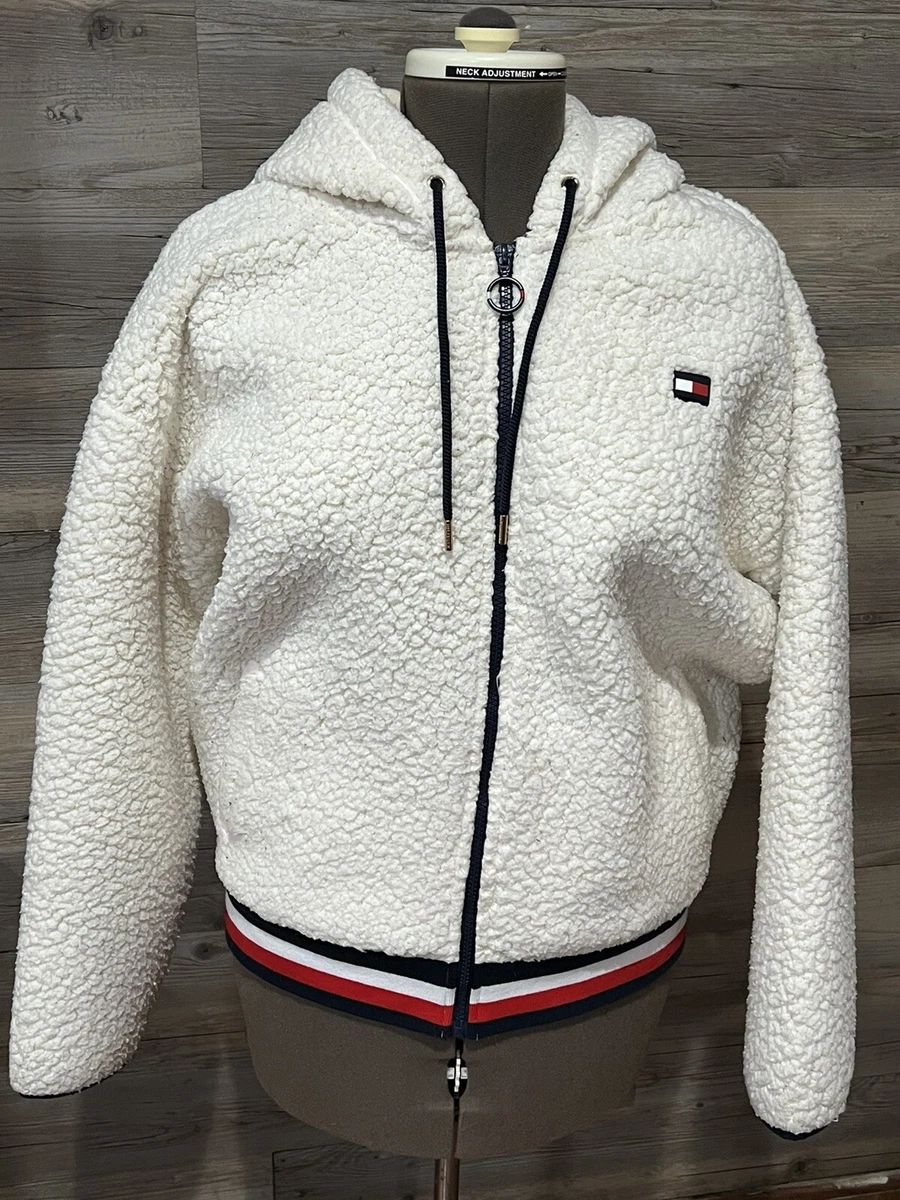 Tommy Hilfiger Sport White Sherpa Fleece Hoodie Jacket Zip Down Unisex Large