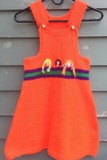 Vintage Hand Knit Knitted Girls Jumper Dress Red with Novelty Accent 7/8