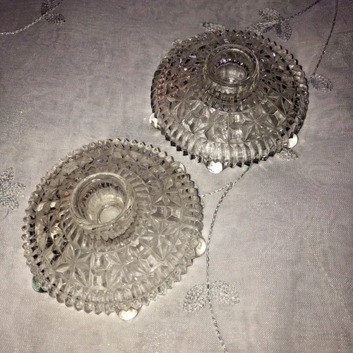 Pair Of Anchor Hocking Stars and Bars Prescut Glass Candlestick Holders 1930