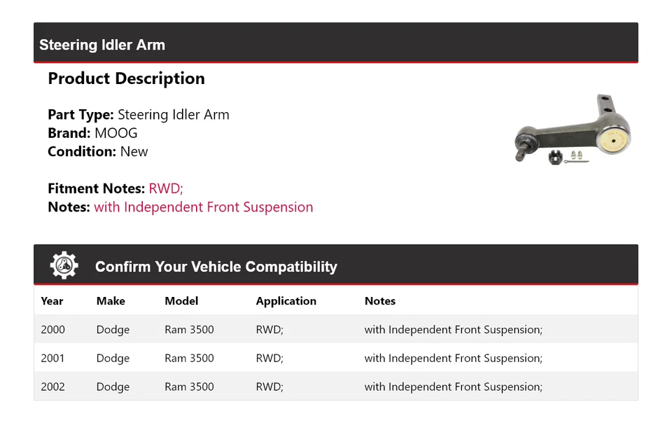 Brazo de rueda loca de dirección para Dodge Ram 3500 2000-2002 tracción trasera MOOG 2000 2001 2002 Foto 2 de 4