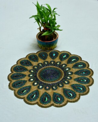 Set of 2, Handmade beaded placemat, Peacock Feather Pattern , Round ...