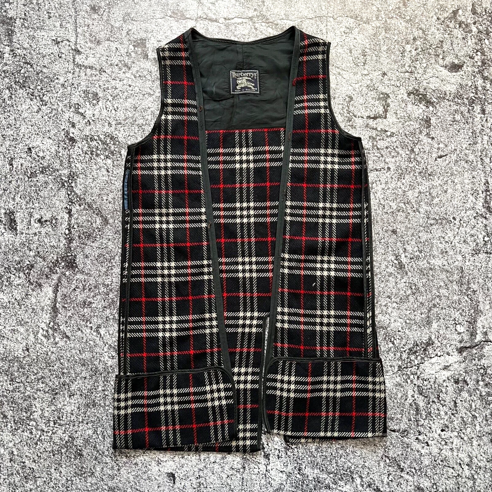 Vintage Burberry's gilet fodera giacca lana blu rosso nero taglia 10 lungo