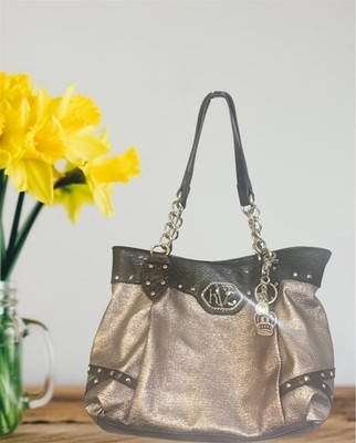 Y2K Kathy Van Zeeland Metallic/Black Shoulder Bag Studded Chain Logo Charm
