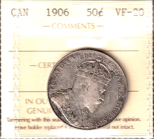 1906 Fifty Cents ICCS VF-20 Nicely TONED Beauty HIGH Grade Edward VII Canada 50¢
