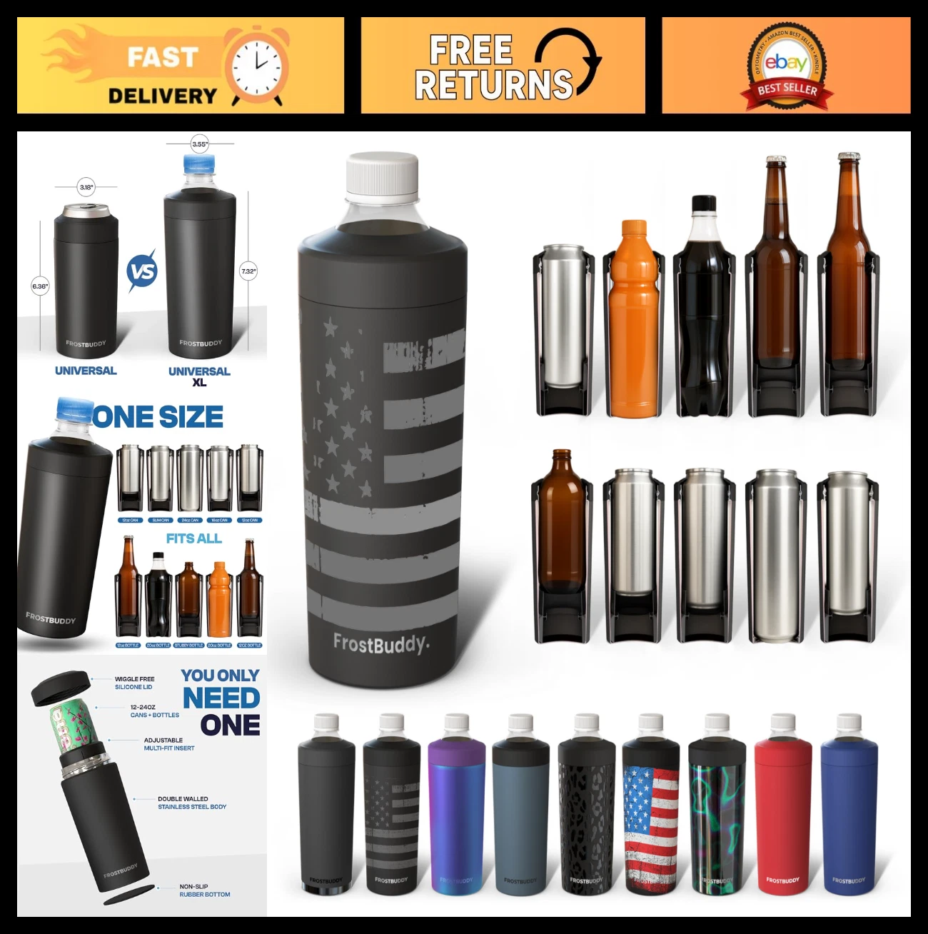 Universal Can Cooler - Fits 12oz to 24oz Cans & Bottles - Keeps Drinks Cold 12+