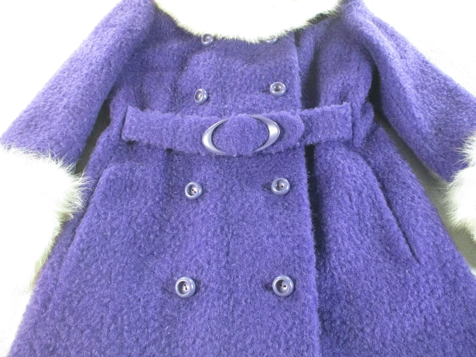 Abrigo Katzman vintage de los años 60 para mujer mediano púrpura lana ribete de piel de zorro con cinturón usado en excelente estado Foto 2 de 4