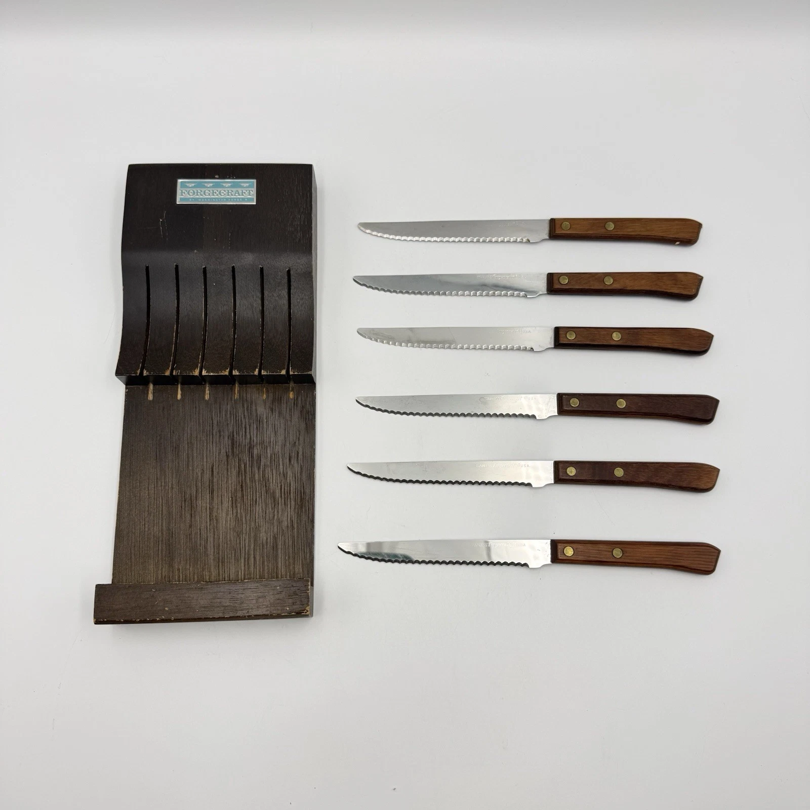 Vtg Forgecraft Japan Steak Knife Set of 6 Serrated Stainless Steel & Wood Block