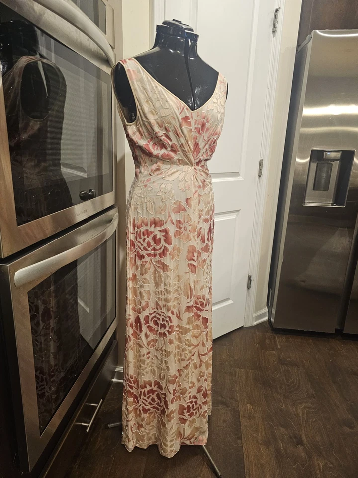 Винтажный Kay Unger Нью-Йорк шелк цветочный крем бисером длинное платье без рукавов 12 - Изображение 2 из 4