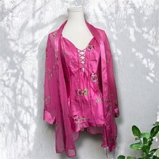 Vintage Pink Rose Slip Dress satin Robe Set Fairycore Lingerie Dream M