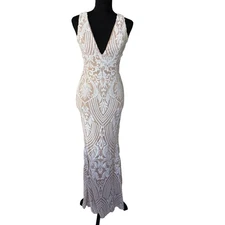 Windsor Sequin Lace Long Gown Maxi Dress Open Back V Neck Formal Evening Size S