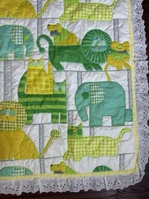 Vintage 70 s Calico Circus Cat Elephant Print Quilted Nursery Wall Hanging Green