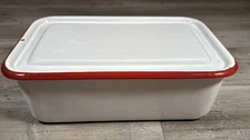 Vintage Enamelware Refrigerator  Storage Box Pan Red & White With Lid 12”x8”x4”