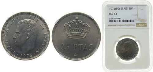 Spain 1975 *80 25 Pesetas Copper-nickel (75% copper, 25% nickel) NGC MS 63