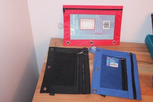 New set of 3 Zippered Pencil Pouch cases 3 ring binder Black, red & blue NWT
