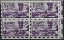 1948 US Scott # 954 California Gold Centennial, Sutter's Mil 3c Block of 4 MNH