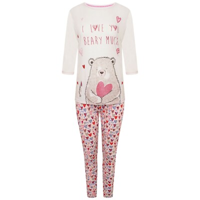 Damen Ex-Stores Neuheit niedlicher Bär und Panda-Druck Pyjama-Set, Nachtwäsche, PJs