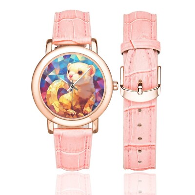 Süße Frettchenuhr mit rosévergoldeter Lünette und rosa Lederband