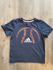 Adidas logo Shirt Size boys 4 navy blue neon orange athletic baseball euc